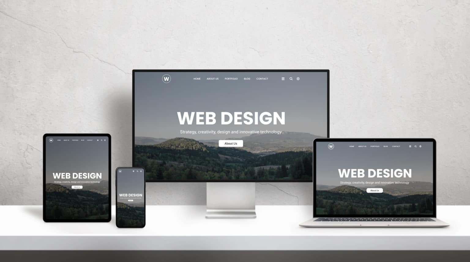 Responsive web design shown on a monitor, laptop, tablet and phone
