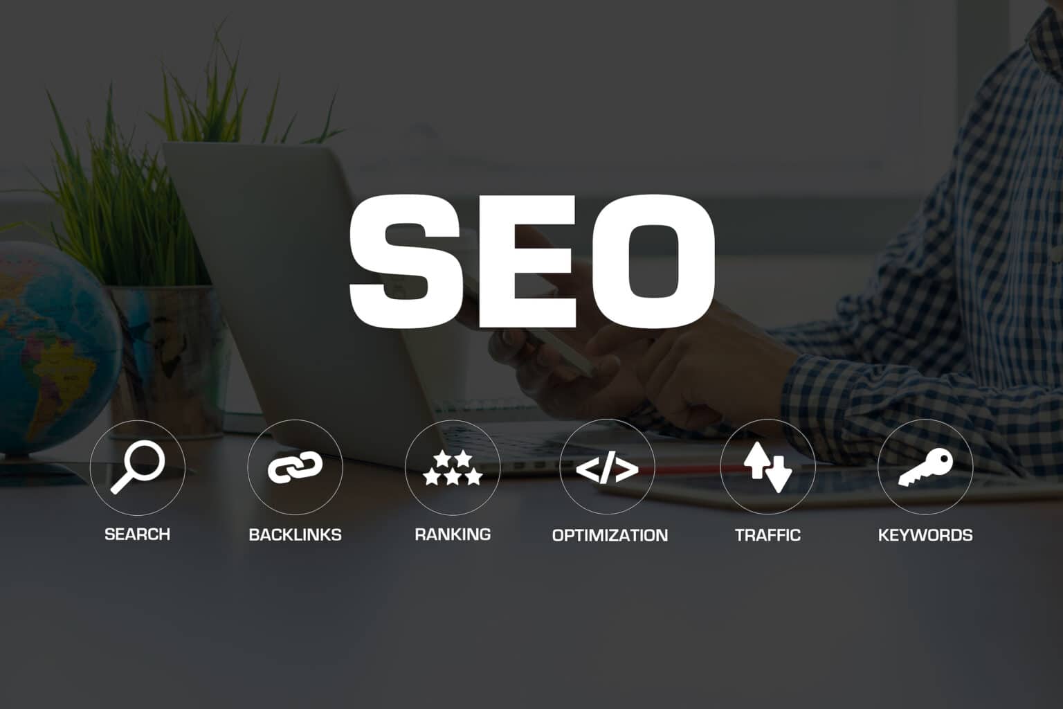 SEO icons for search, links, ranking and optimization on a dark background
