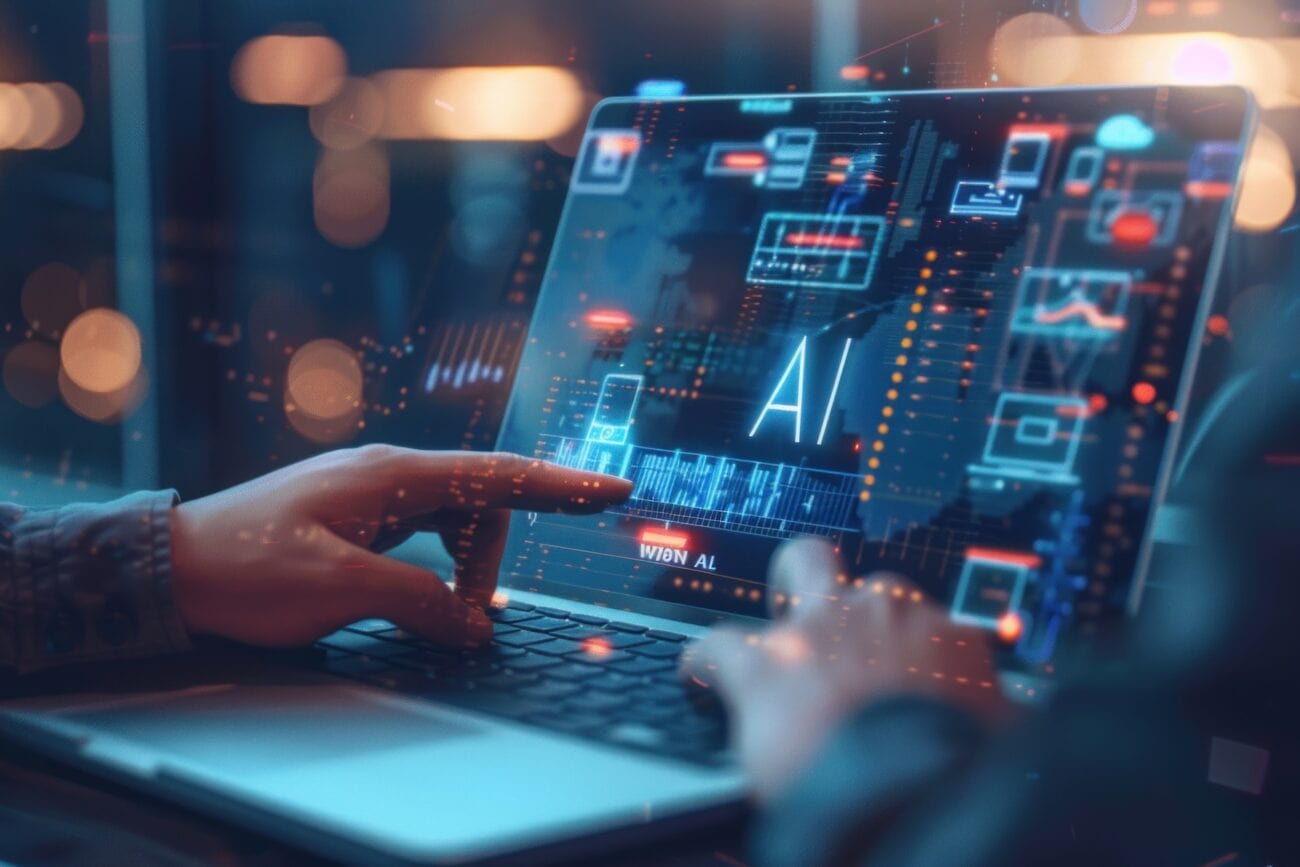 AI web design, digital design interface, futuristic workspace, artificial intelligence, web developer with holographic screens, smart website builder