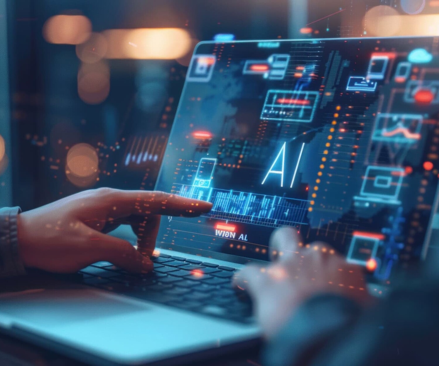 AI web design, digital design interface, futuristic workspace, artificial intelligence, web developer with holographic screens, smart website builder