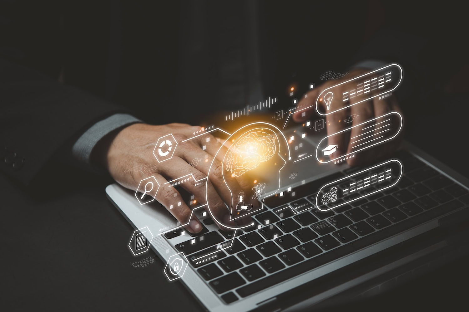 Hands typing on a laptop with chat message icons floating above the keyboard