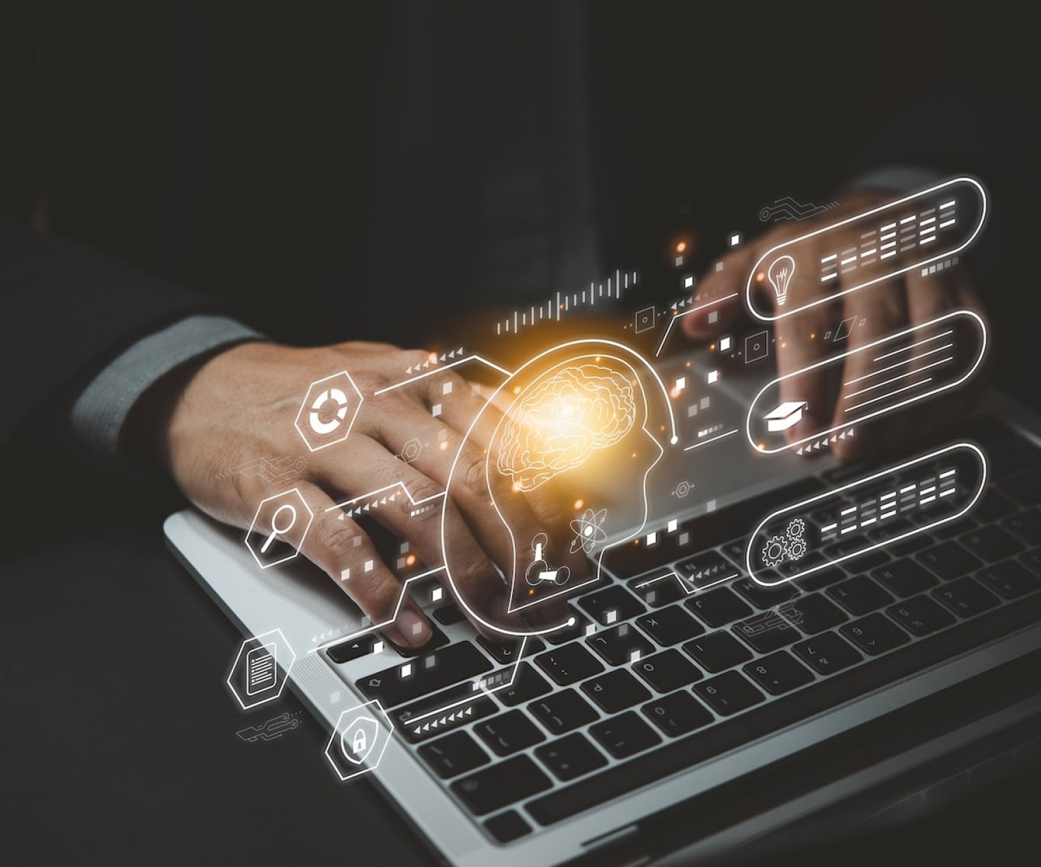 Hands typing on a laptop with chat message icons floating above the keyboard