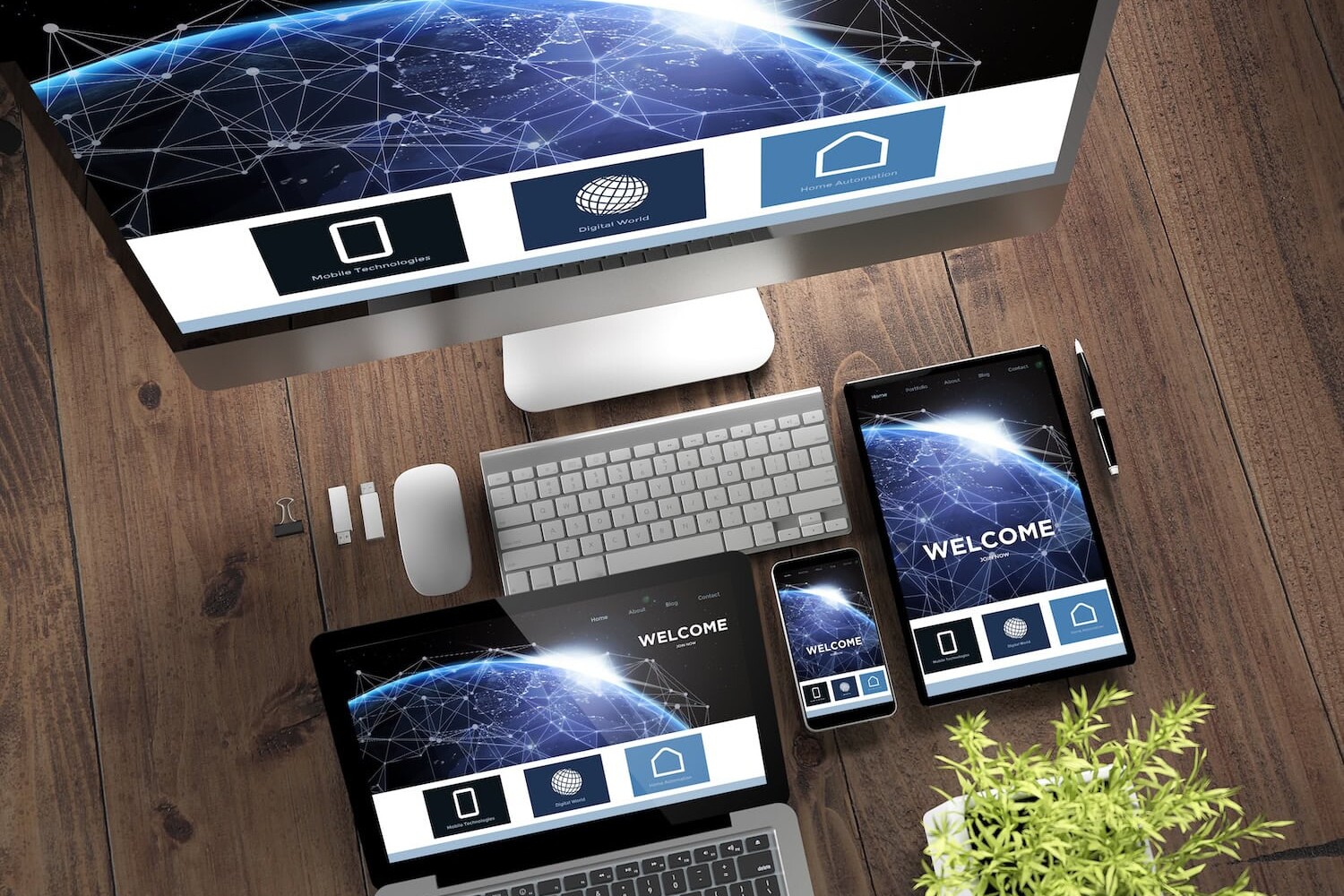 Digital agency technology setup with multiple devices and global network visualization.
