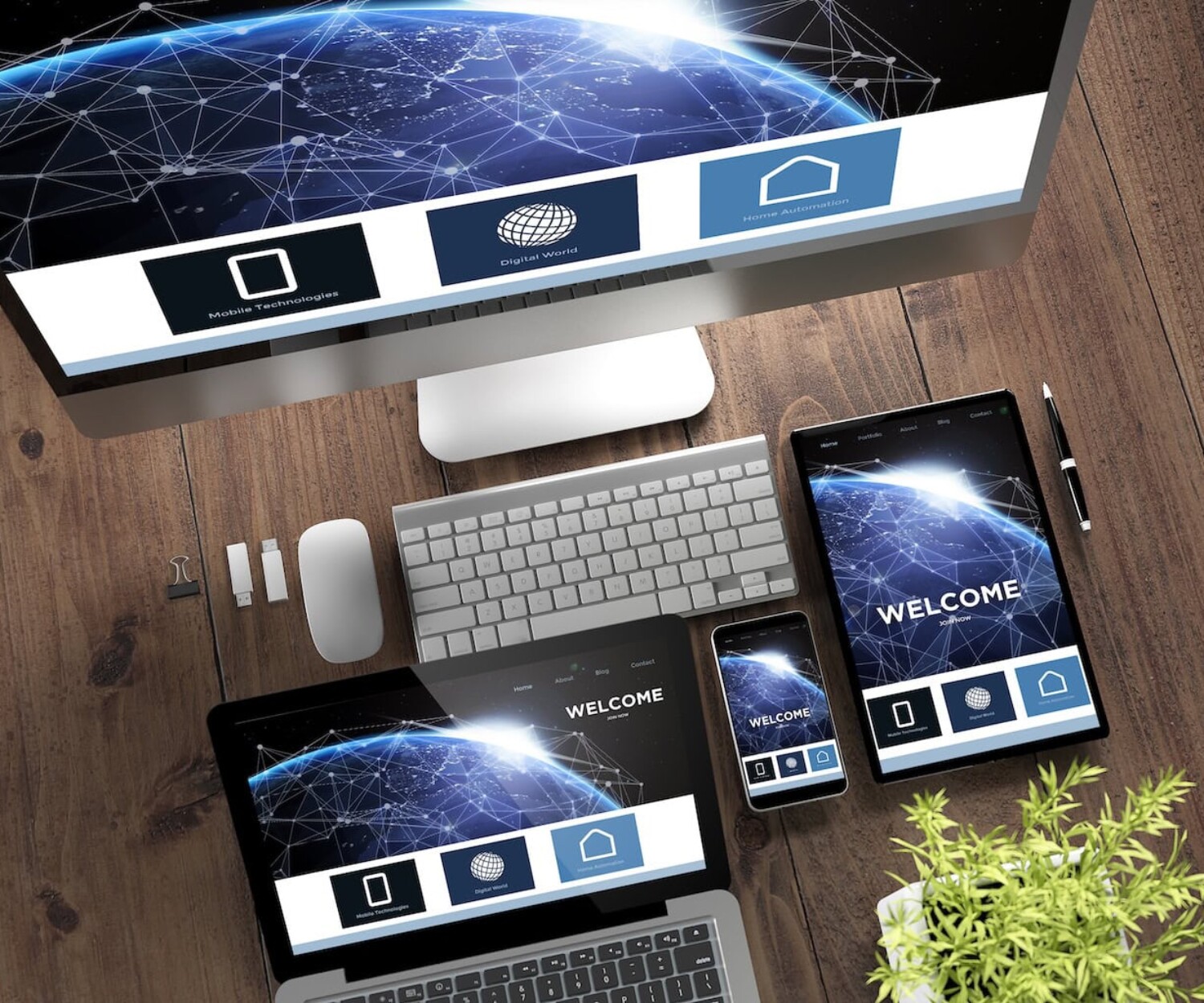 Digital agency technology setup with multiple devices and global network visualization.