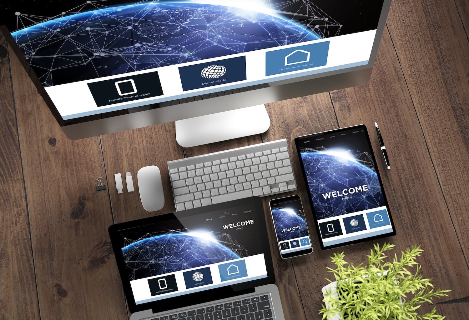Digital agency technology setup with multiple devices and global network visualization.