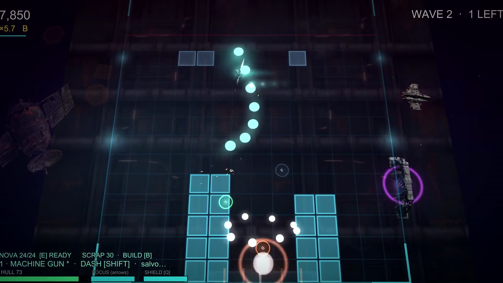 Core Crash gameplay: blocks and enemy fire filling the arena mid-run