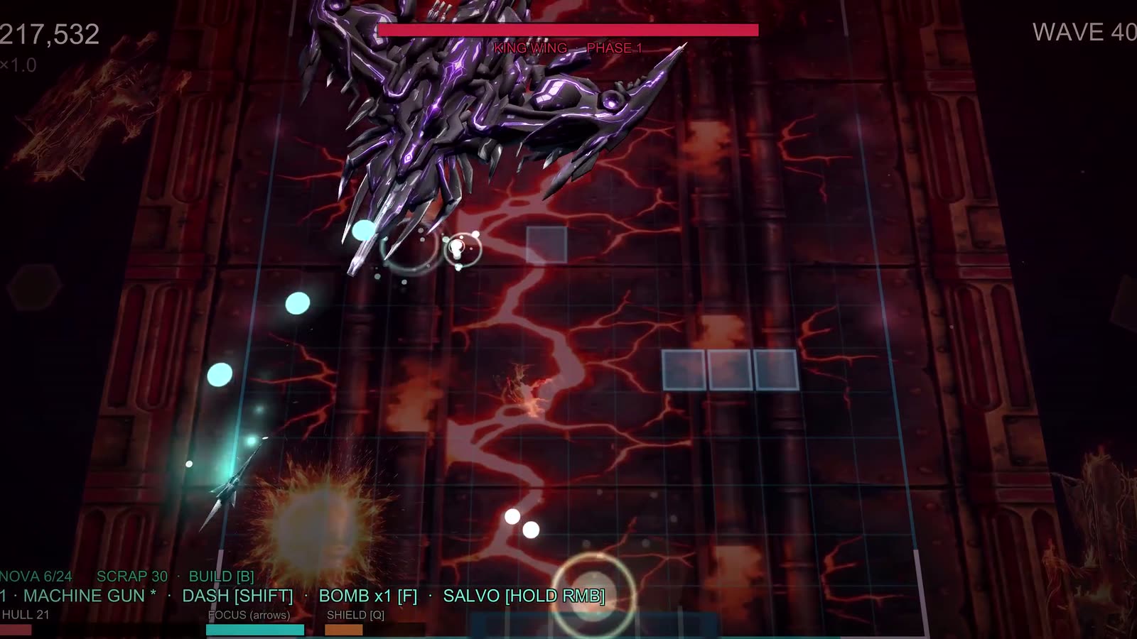 Core Crash gameplay: a boss fight filling the arena in red