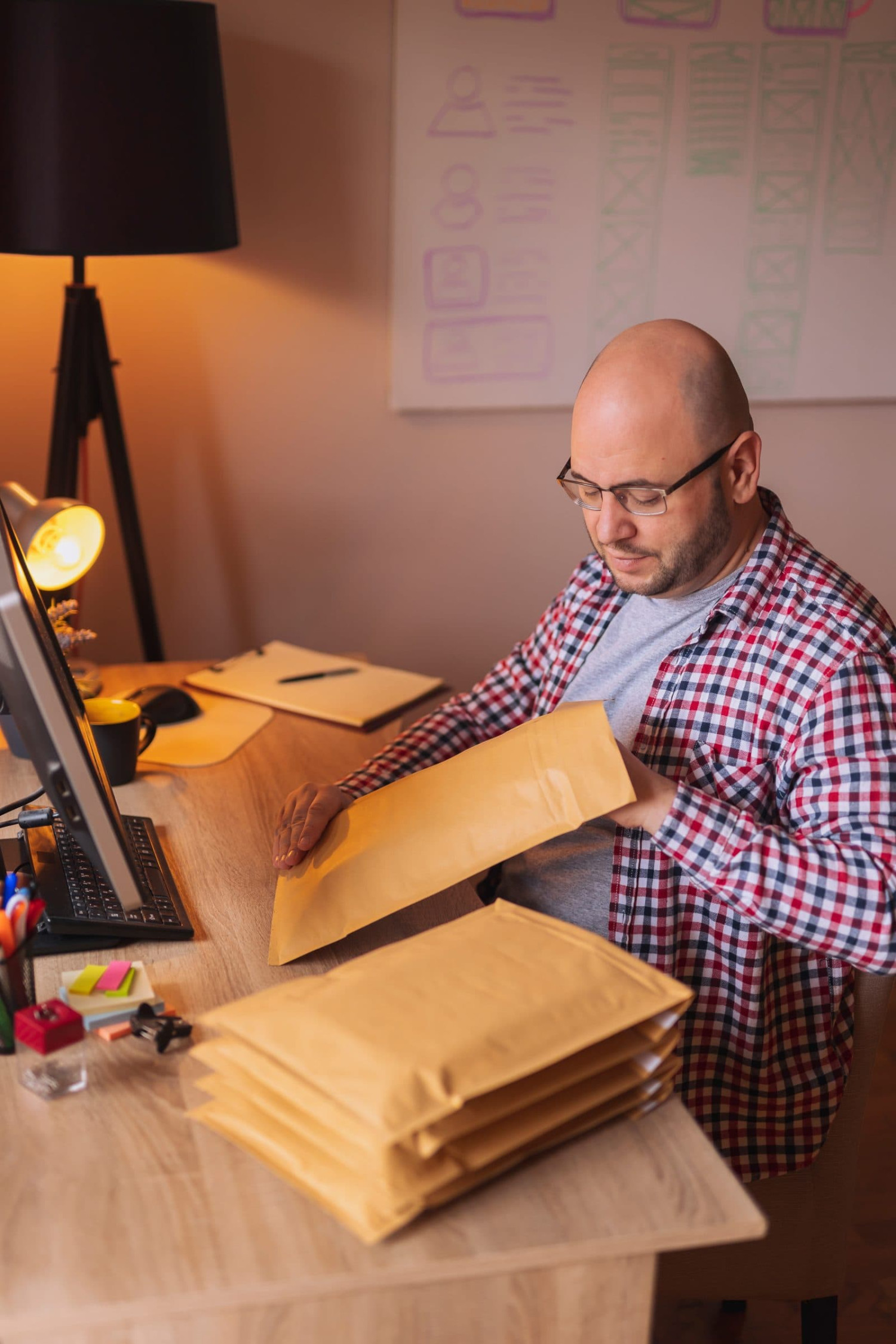 Business owner preparing packages for online orders at his desk