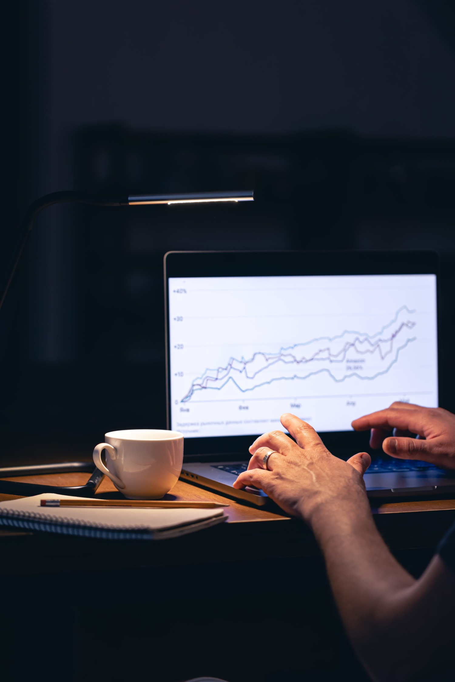 Hands typing on a laptop showing line charts at a desk at night
