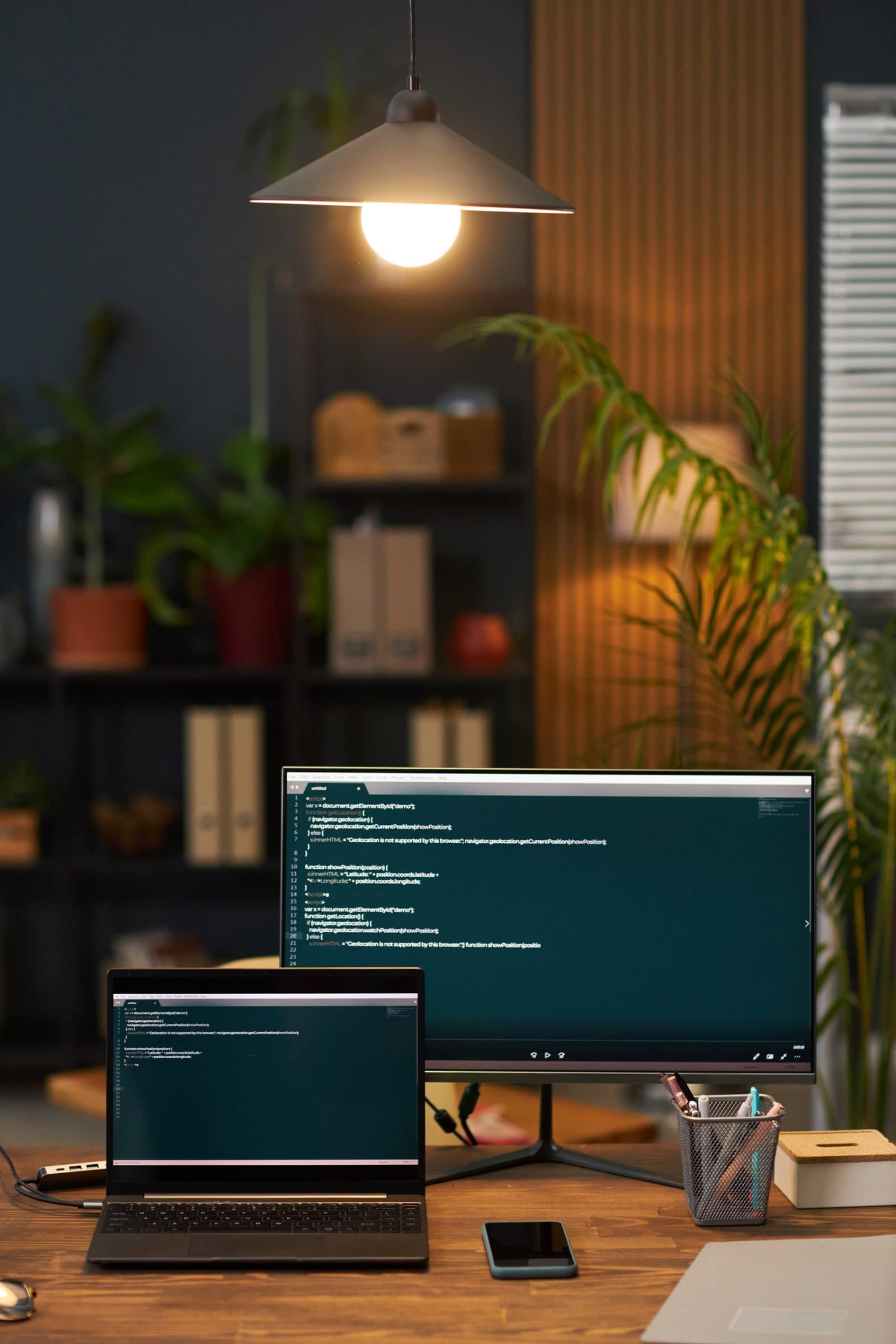 Laptop and monitor showing code on a desk in a warmly lit office